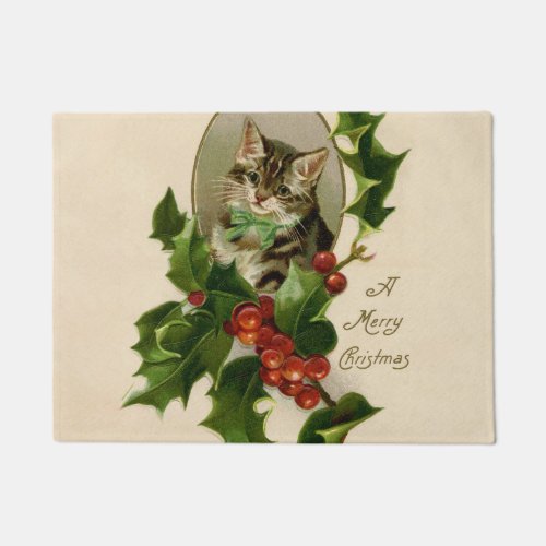 Cat Christmas Merry Holly Kitty Antique Art Doormat