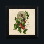 Cat Christmas Merry Holly Kitty Antique Art Gift Box<br><div class="desc">A very merry kitty Christmas! This sweet little cat is from the 1800s,  and is looking out through a spray of festive Christmas holly leaves.</div>