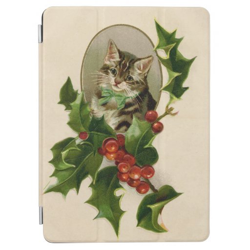 Cat Christmas Merry Holly Kitty Antique Art iPad Air Cover