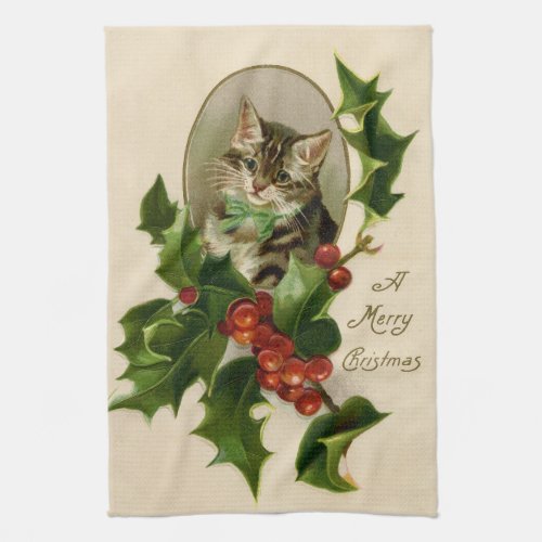 Cat Christmas Merry Holly Kitty Antique Art Kitchen Towel