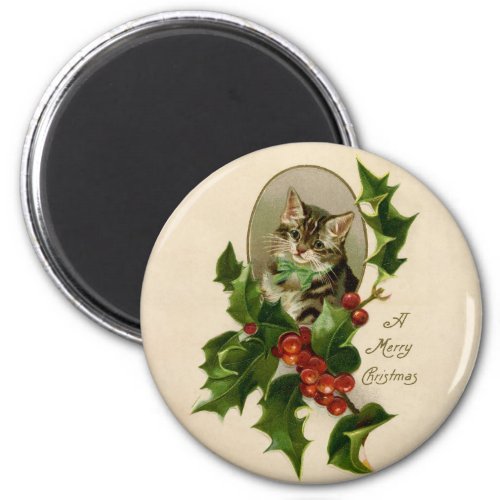 Cat Christmas Merry Holly Kitty Antique Art Magnet