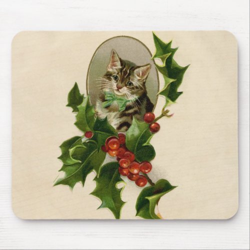 Cat Christmas Merry Holly Kitty Antique Art Mouse Pad