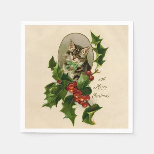 Cat Christmas Merry Holly Kitty Antique Art Napkins