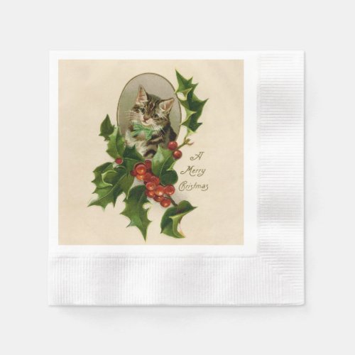 Cat Christmas Merry Holly Kitty Antique Art Napkins