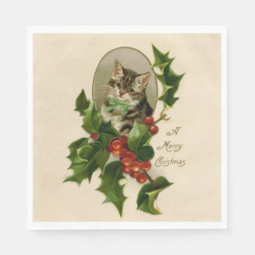 Cat Christmas Merry Holly Kitty Antique Art Napkins