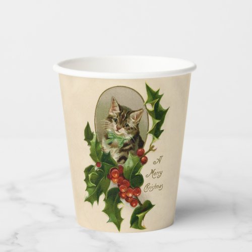 Cat Christmas Merry Holly Kitty Antique Art Paper Cups