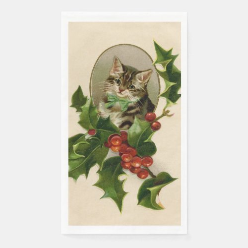 Cat Christmas Merry Holly Kitty Antique Art Paper Guest Towels