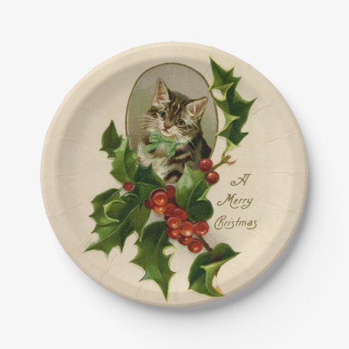 Cat Christmas Merry Holly Kitty Antique Art Paper Plates