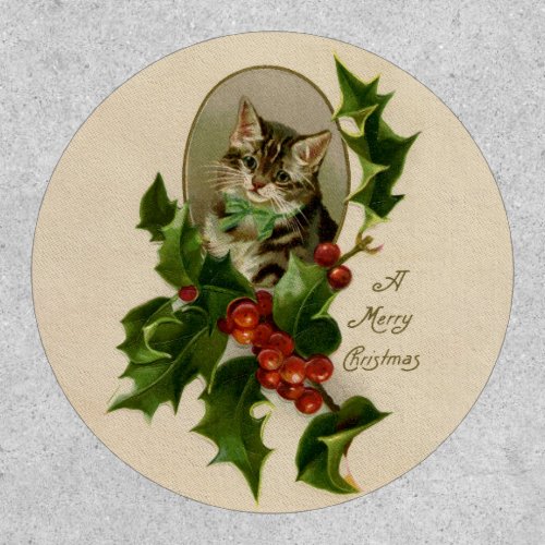 Cat Christmas Merry Holly Kitty Antique Art Patch
