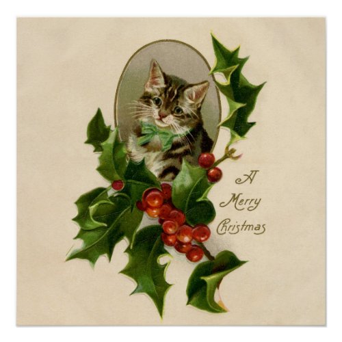 Cat Christmas Merry Holly Kitty Antique Art Poster