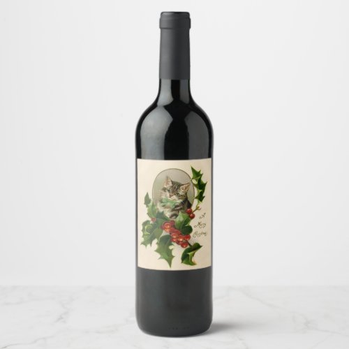 Cat Christmas Merry Holly Kitty Antique Art Wine Label
