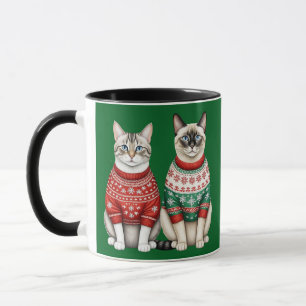 Cat Christmas Mug, Tabby and Siamese Cats Mug