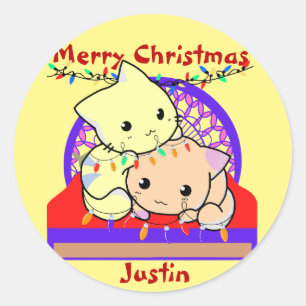Cat christmas on bed, personalized name  classic round sticker