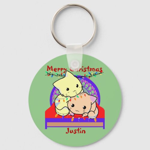 Cat christmas on bed personalized name keychain
