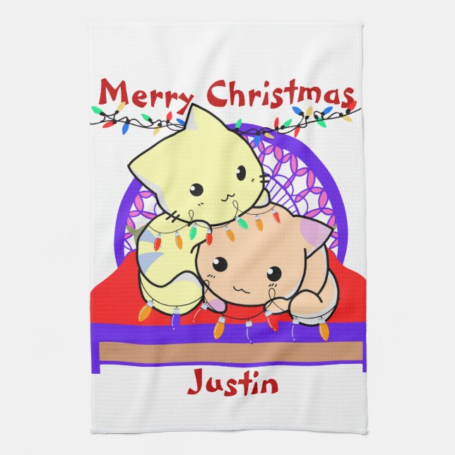 Cat christmas on bed, personalized name  kitchen towel (Vertical)