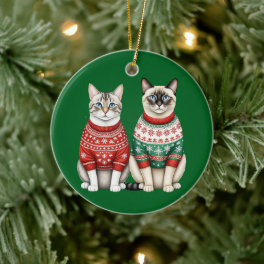 Cat Christmas Ornament, Tabby and Siamese Cats Ceramic Ornament