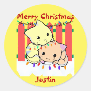 Cat christmas out door, personalized name classic round sticker