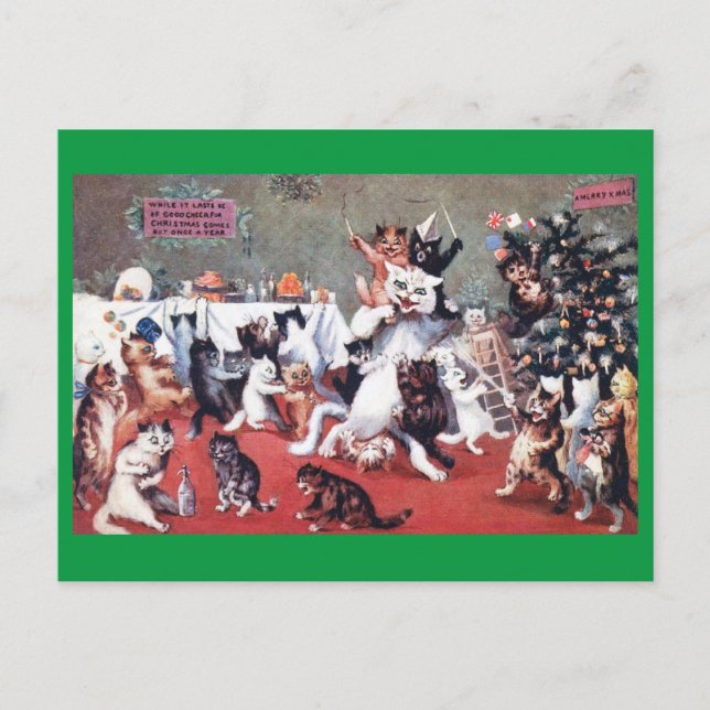 Cat Christmas Party with Kittens, Louis Wain Postcard (Front)