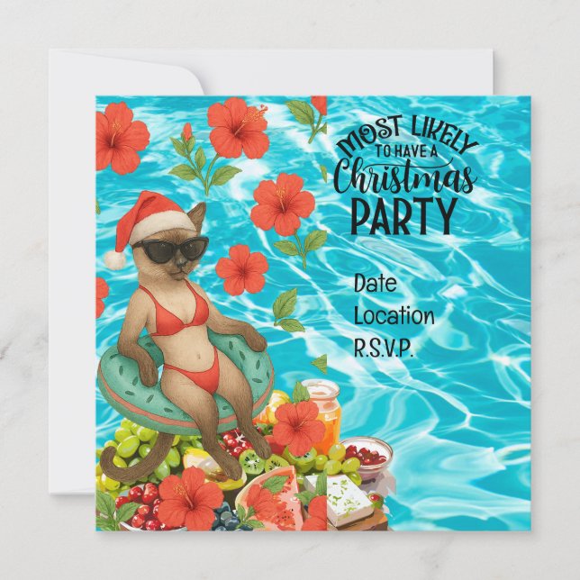 Cat Christmas Pool Party for Christmas in July  Invitation (Front)