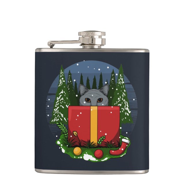 Cat Christmas Present Adult Stocking Stuffer Flask (Front)