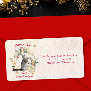 Cat Christmas Return Address - Snowflakes & Wreath Label