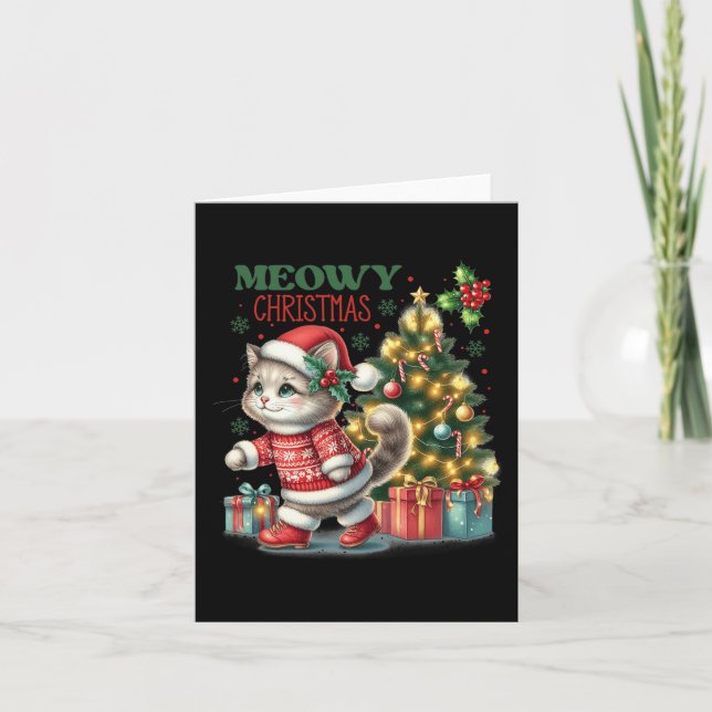 Cat Christmas Santa Hat And Tree Funny Meowy Cats  Card (Front)
