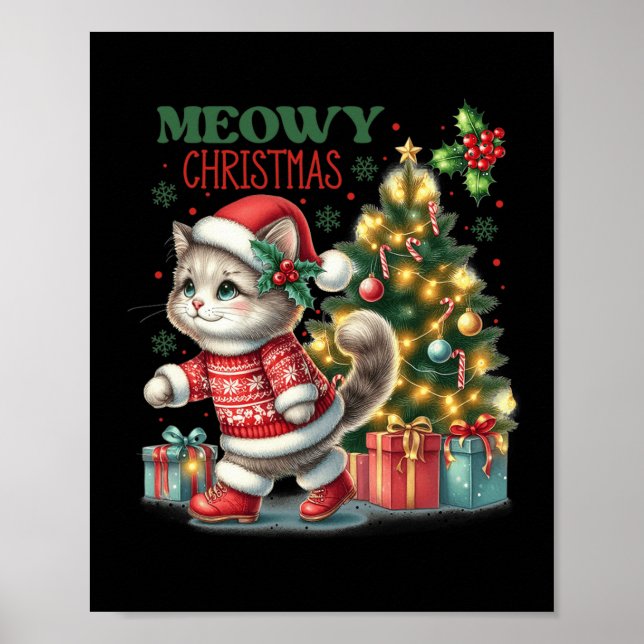 Cat Christmas Santa Hat And Tree Funny Meowy Cats  Poster (Front)
