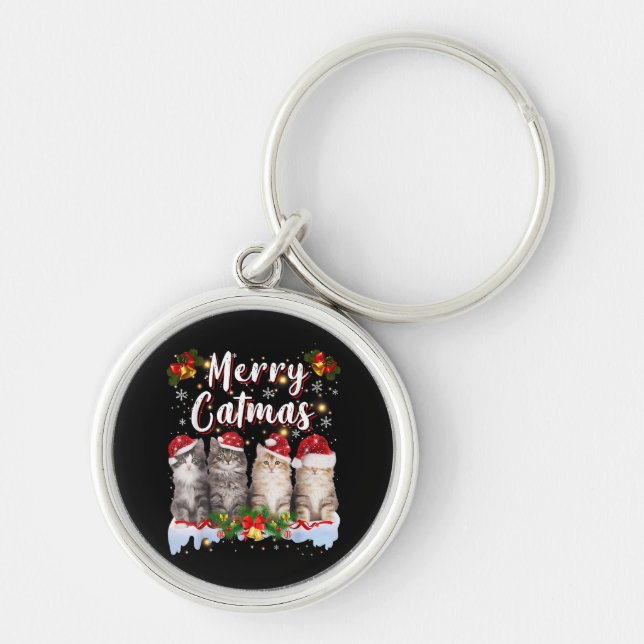 Cat Christmas Santa Hat Funny Merry Catmas Keychain (Front)