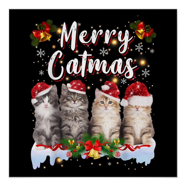Cat Christmas Santa Hat Funny Merry Catmas Poster (Front)