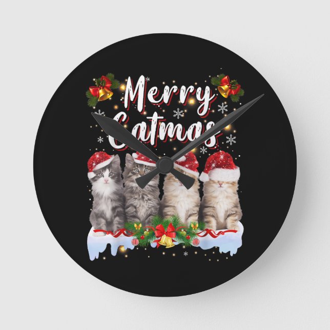Cat Christmas Santa Hat Funny Merry Catmas Round Clock (Front)