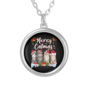 Cat Christmas Santa Hat Funny Merry Catmas Silver Plated Necklace