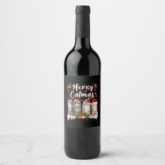 Cat Christmas Santa Hat Funny Merry Catmas Wine Label (Front)