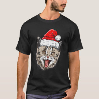 Cat Christmas Santa Hat Xmas Boys Kids Girls Meowy T-Shirt