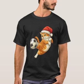 Cat Christmas Santa Playing Soccer Funny Kitty Xma T-Shirt