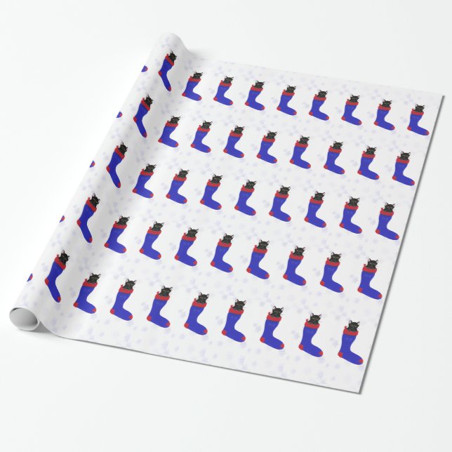 Cat Christmas Stocking Snowflakes Wrapping Paper (Unrolled)