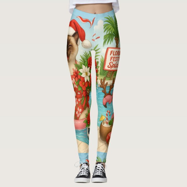 Cat Christmas Summer July Pool Party  Leggings (Front)