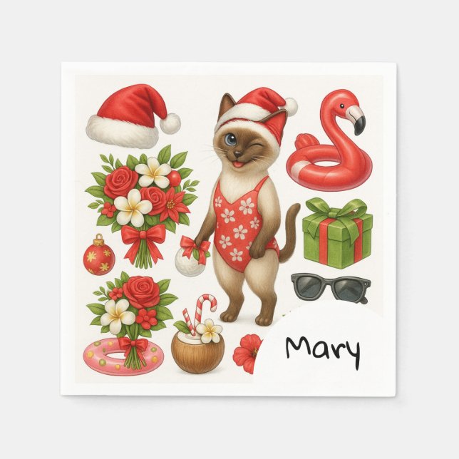 Cat Christmas Summer July Pool Party Napkins (Front)