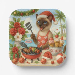 Cat Christmas Summer July Pool Party Paper Plates