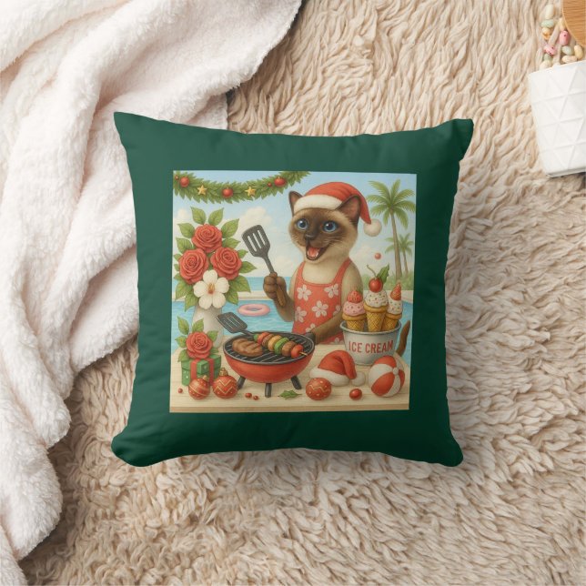 Cat Christmas Summer July Pool Party Throw Pillow (Blanket)
