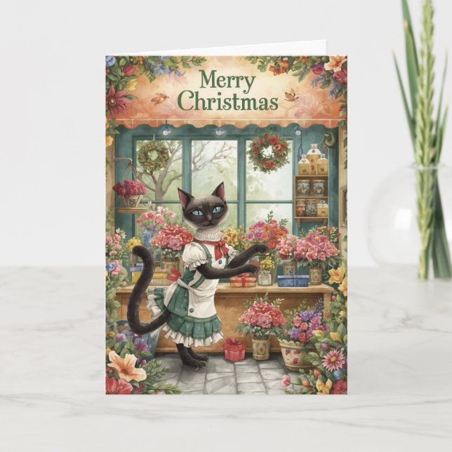 Cat Christmas themed by Siamese cat in florist  Card (Front)
