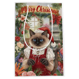 Cat Christmas themed by Siamese cat in florist Medium Gift Bag