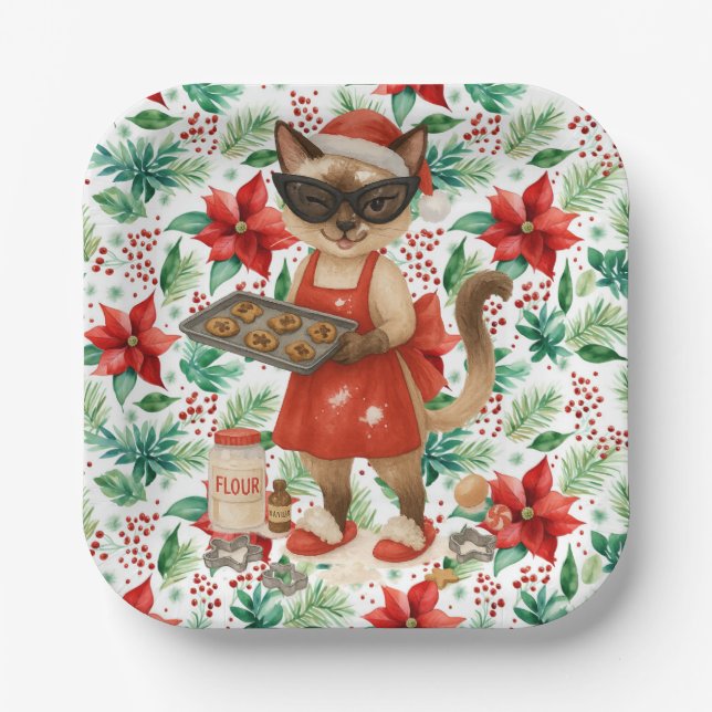 Cat Christmas themed for Siamese Cat Lovers Paper Plates (Front)