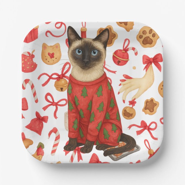 Cat Christmas themed for Siamese Cat Lovers Paper Plates (Front)