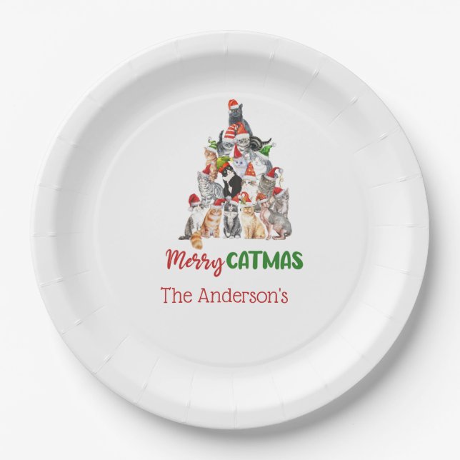 Cat Christmas Tree Cat Lover Cat Owner Christmas Paper Plates (Front)