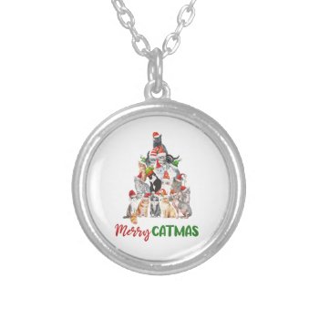 Cat Christmas Tree Cat Lover Cat Owner Christmas Silver Plated Necklace by WAHMTeam at Zazzle