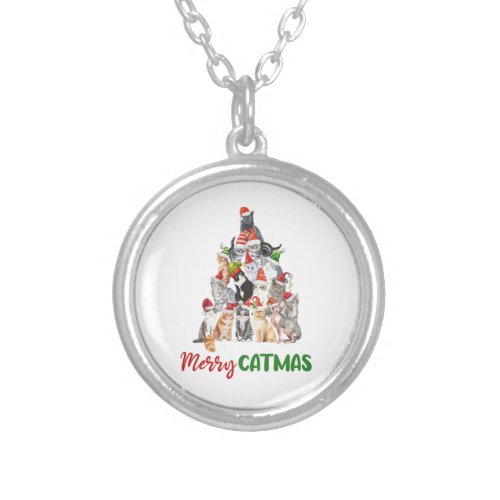 Cat Christmas Tree Cat Lover Cat Owner Christmas Silver Plated Necklace