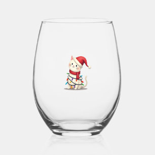 Cat Christmas Tree Christmas (2) Stemless Wine Glass