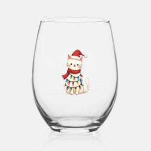 Cat Christmas Tree Christmas (3) Stemless Wine Glass