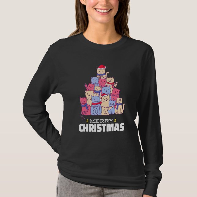 Cat Christmas Tree Christmas Lights Cute Cat Chris T-Shirt (Front)