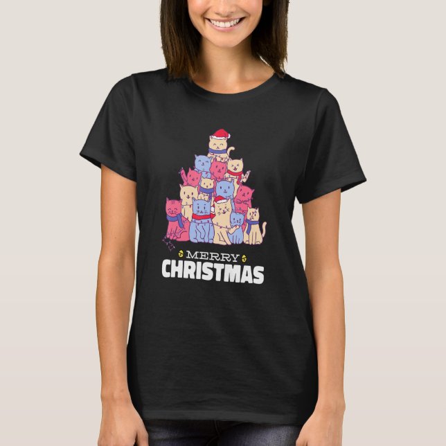 Cat Christmas Tree Christmas Lights Cute Cat Chris T-Shirt (Front)